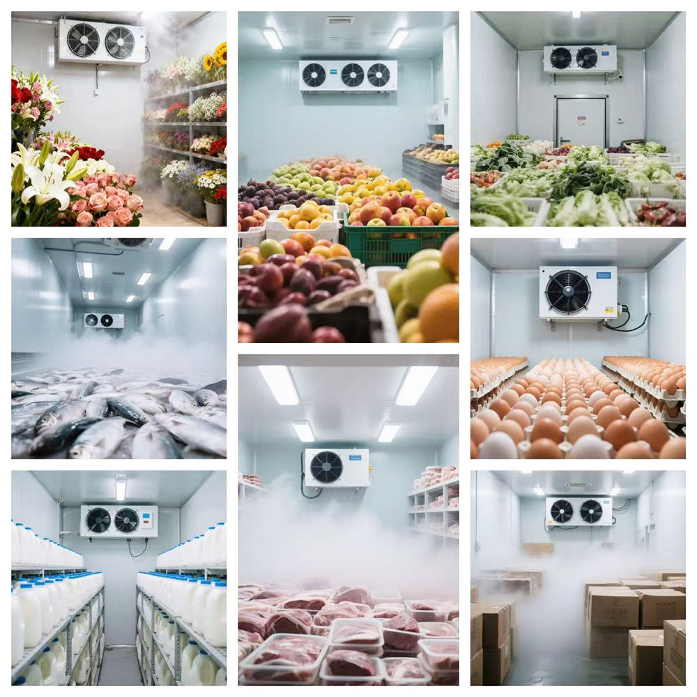Collage of refrigerated storage environments and cooling systems