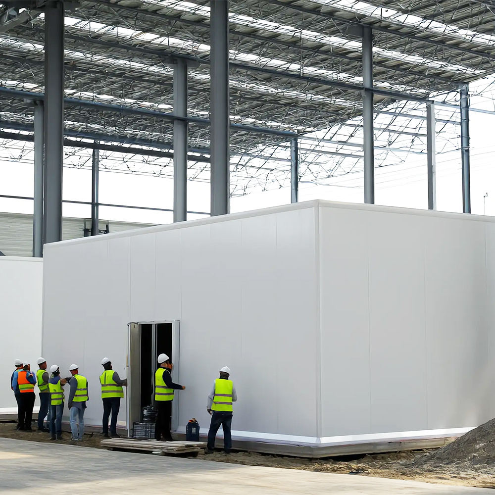 Modular cold storage facility under construction in warehouse